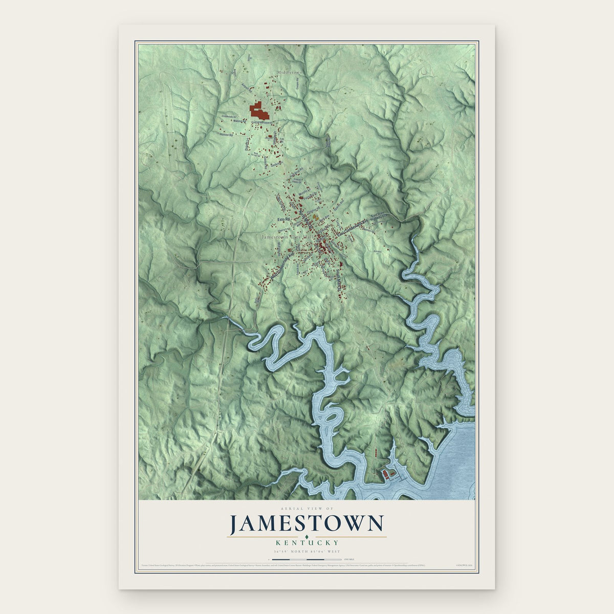 Jamestown, Kentucky map print, the full design
