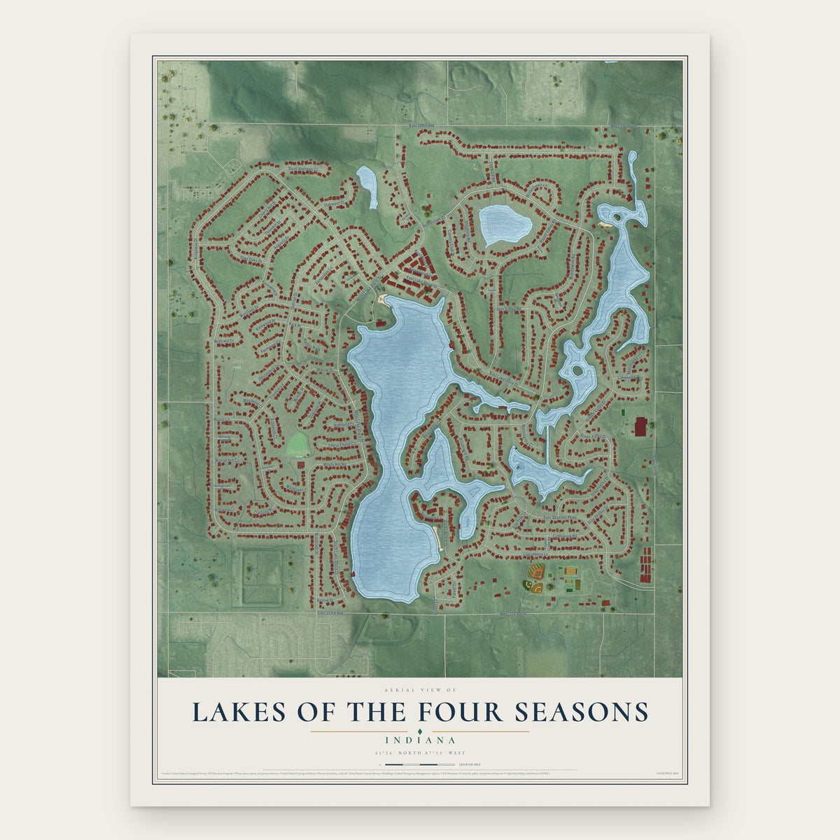 Lakes of the Four Seasons, Indiana map print, the full design