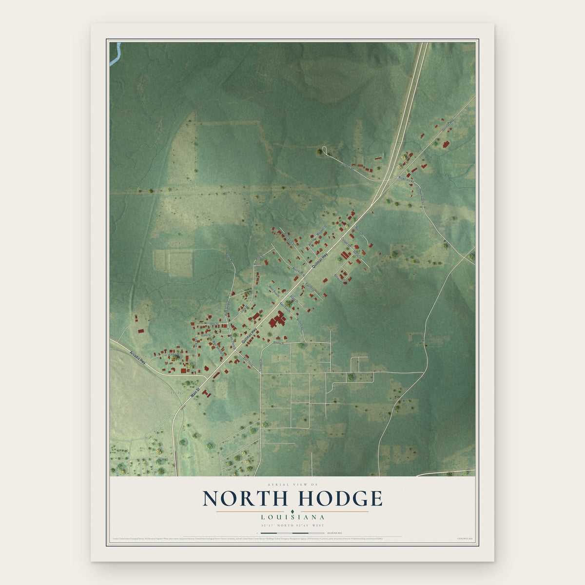 North Hodge, Louisiana map print, the full design