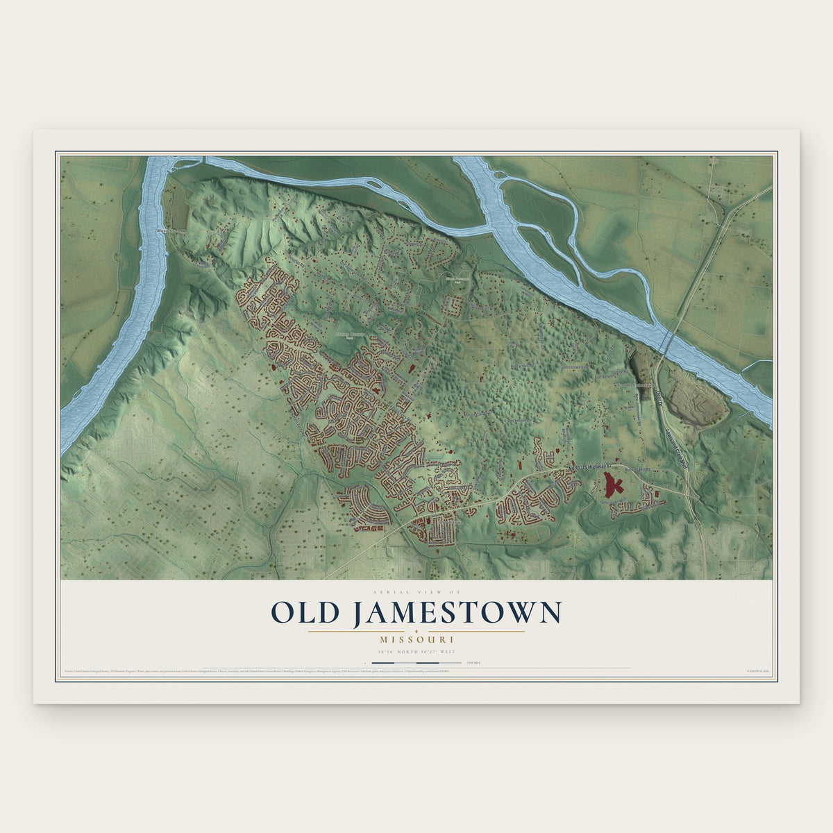 Old Jamestown, Missouri map print, the full design