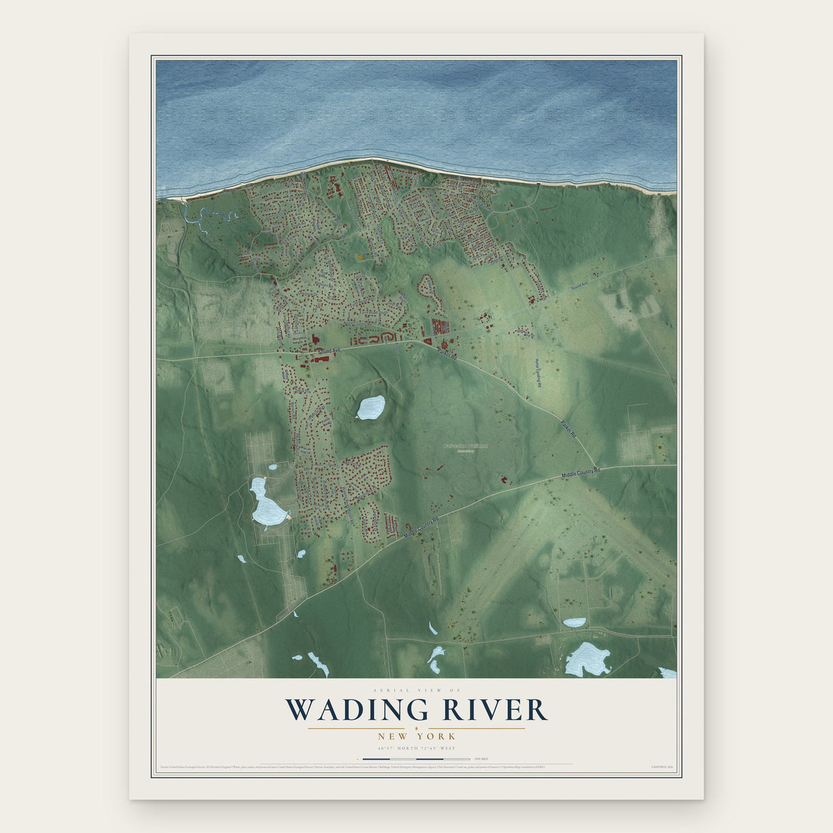 Wading River, New York map print, the full design