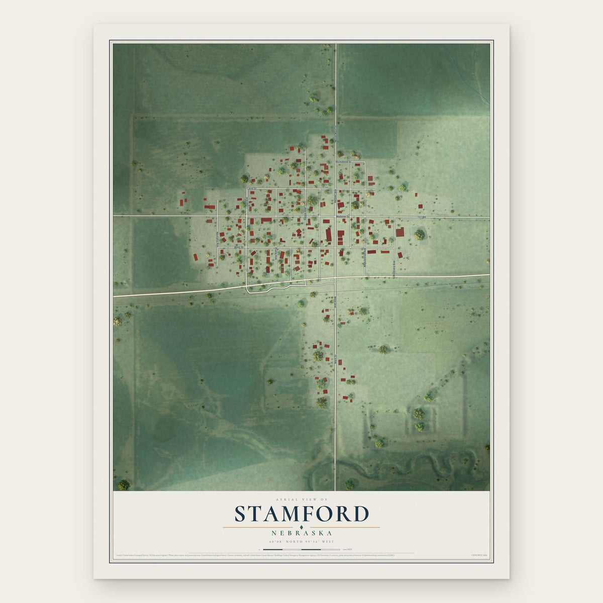 Stamford, Nebraska map print, the full design