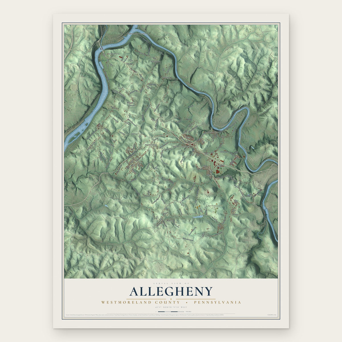 Allegheny, Westmoreland County, Pennsylvania map print, the full design
