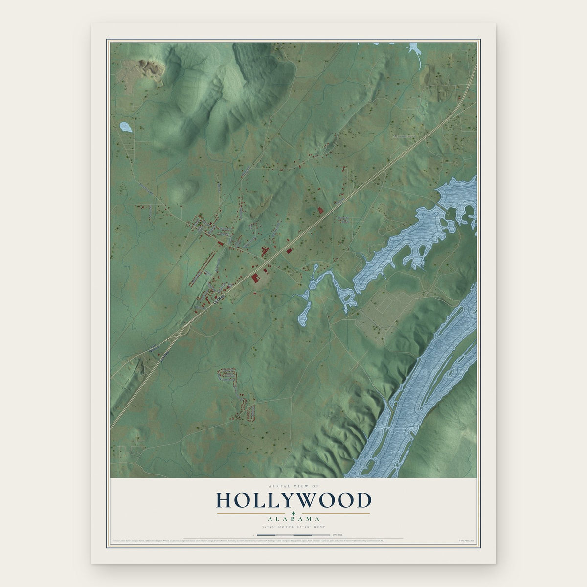 Hollywood, Alabama map print, the full design
