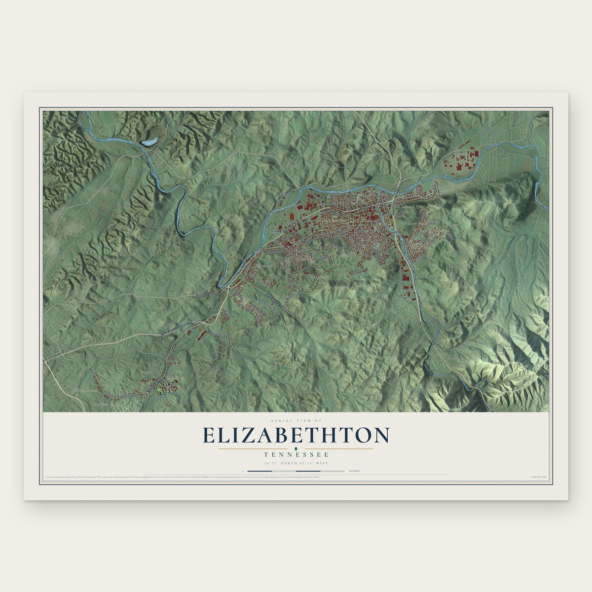 Elizabethton, Tennessee map print, the full design