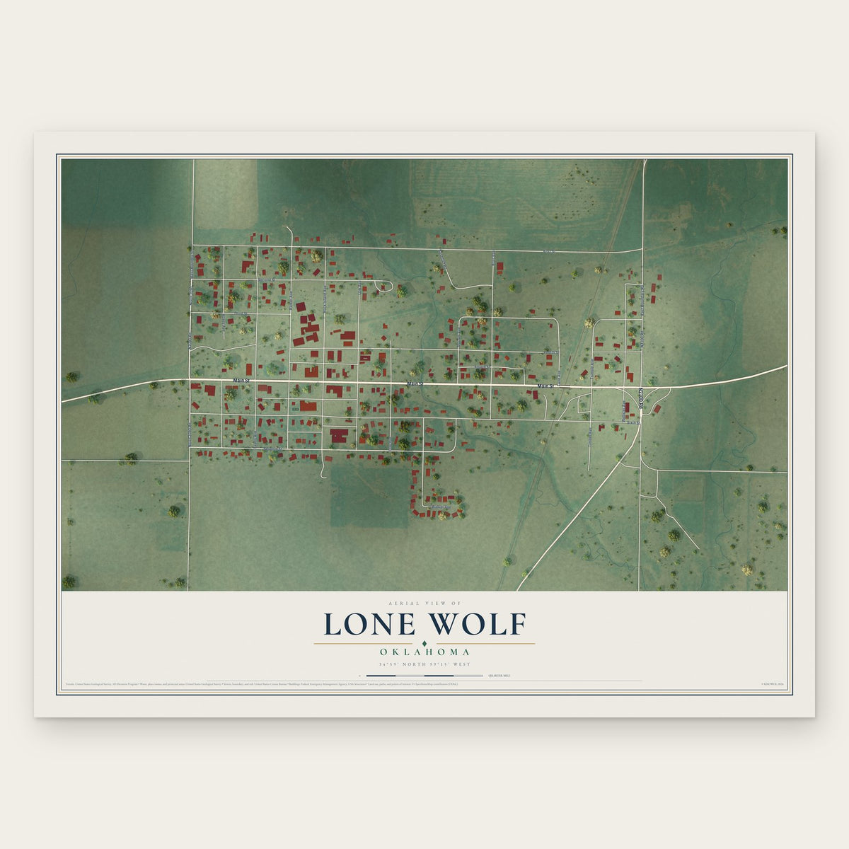 Lone Wolf, Oklahoma map print, the full design