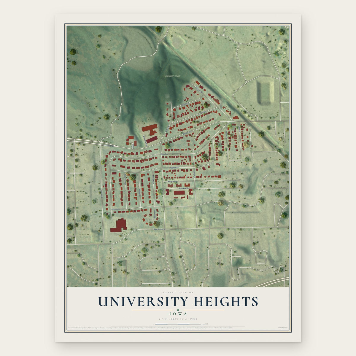 University Heights, Iowa map print, the full design