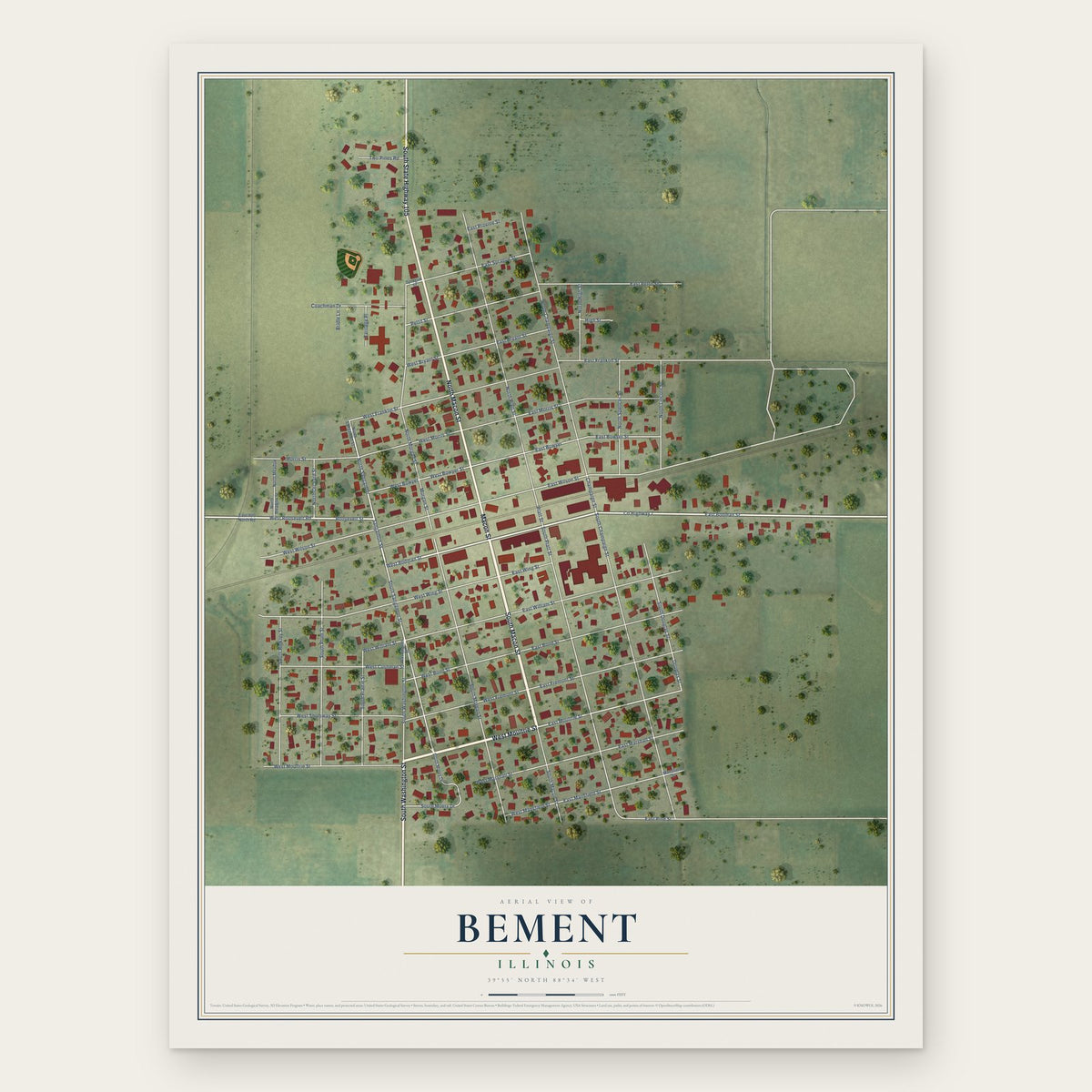 Bement, Illinois map print, the full design