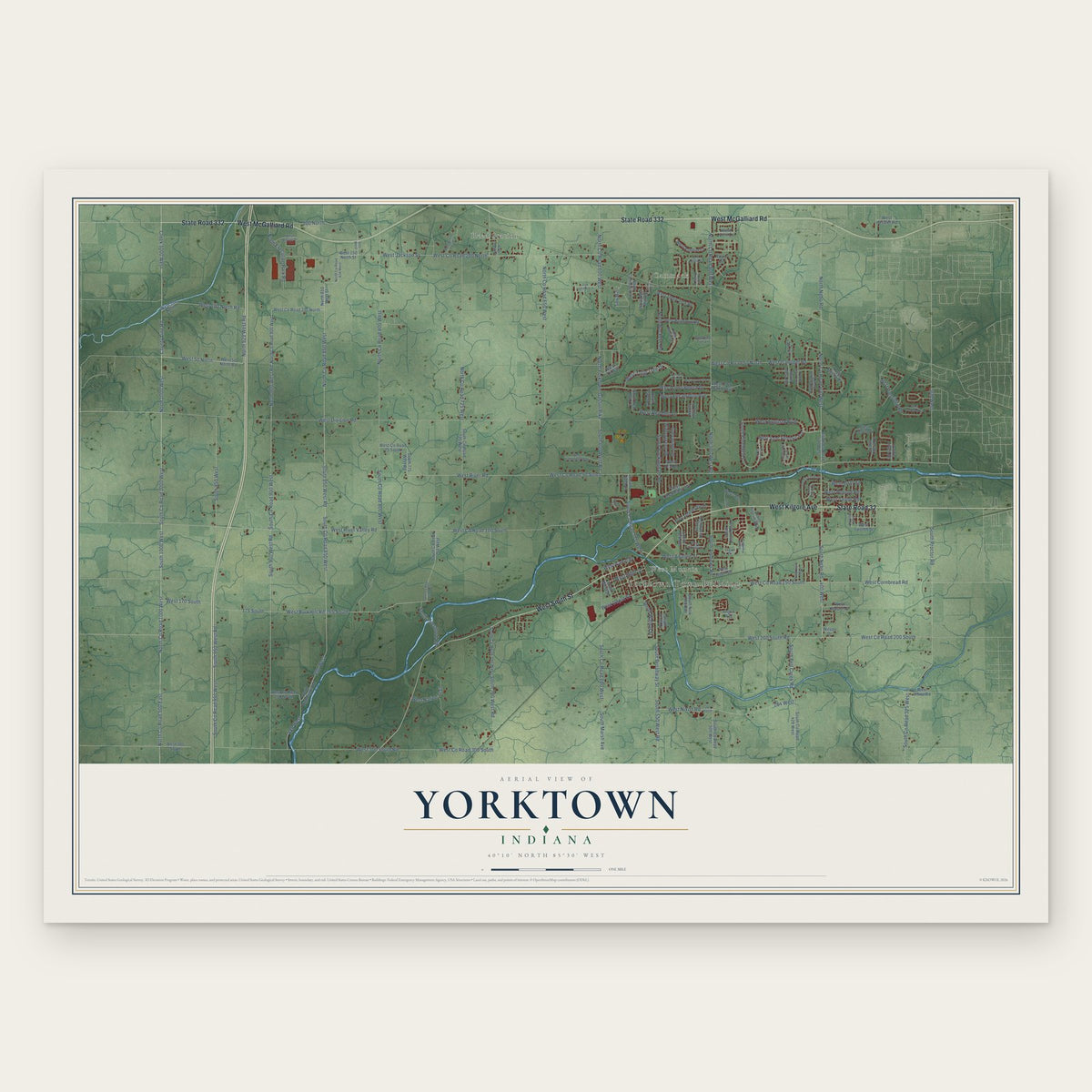 Yorktown, Indiana map print, the full design