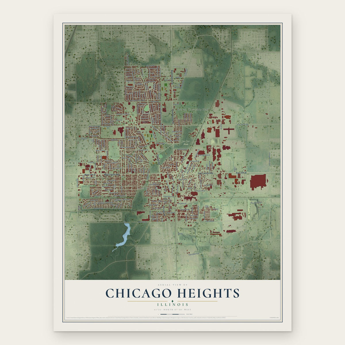 Chicago Heights, Illinois map print, the full design