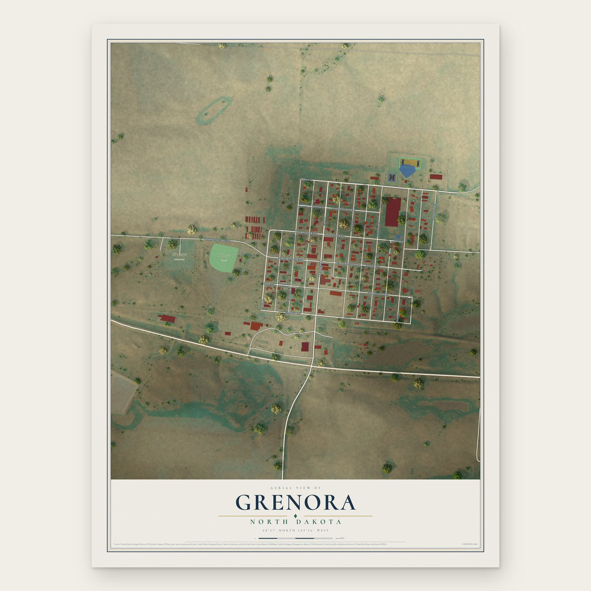 Grenora, North Dakota map print, the full design
