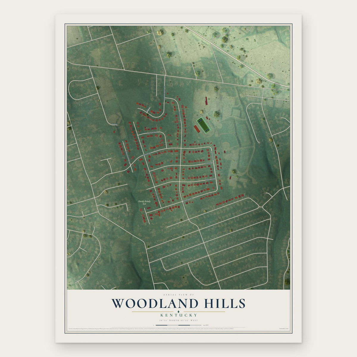 Woodland Hills, Kentucky map print, the full design