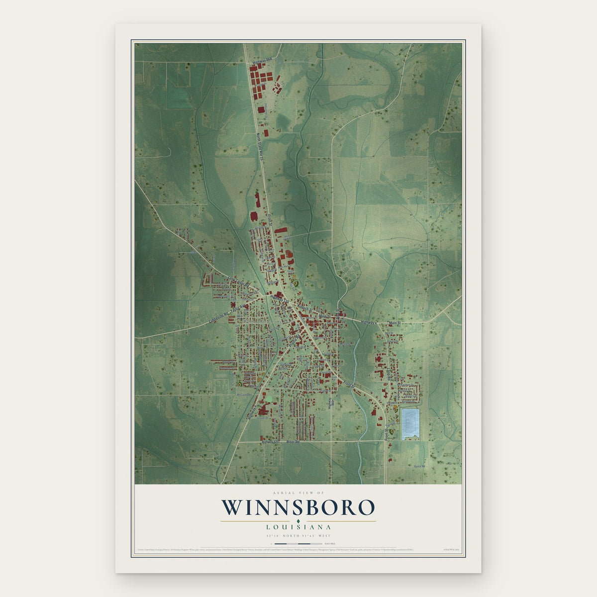 Winnsboro, Louisiana map print, the full design