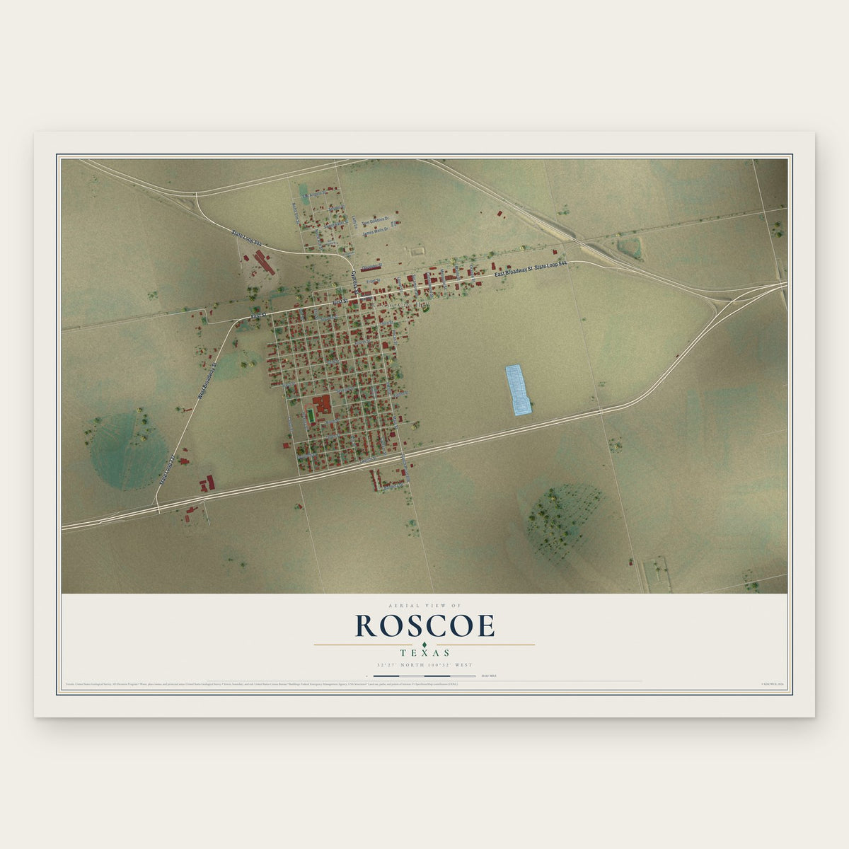 Roscoe, Texas map print, the full design