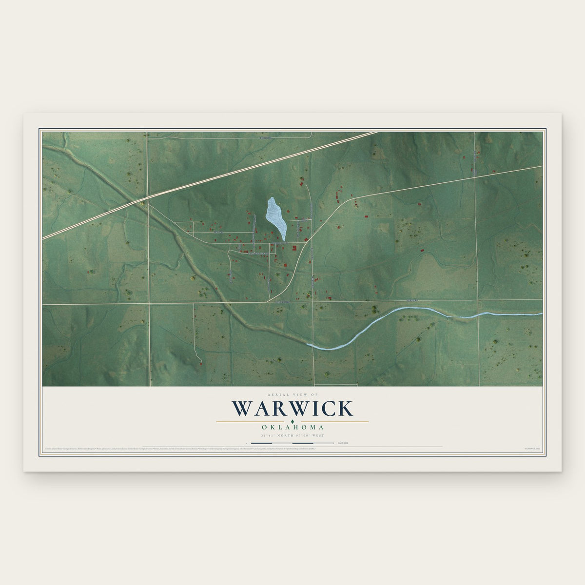 Warwick, Oklahoma map print, the full design