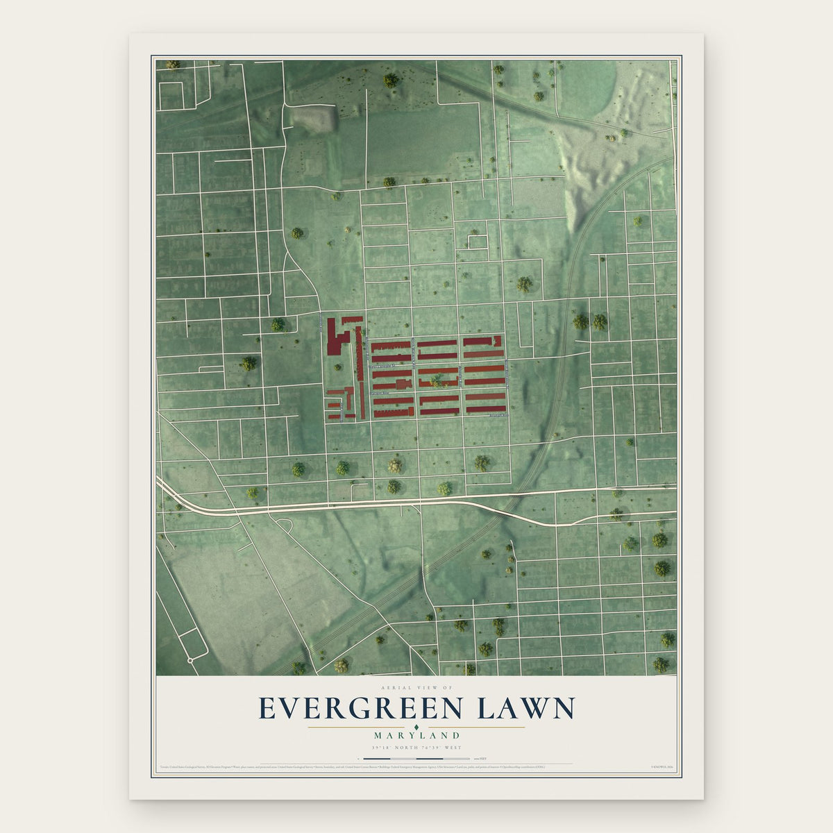 Evergreen Lawn, Maryland map print, the full design