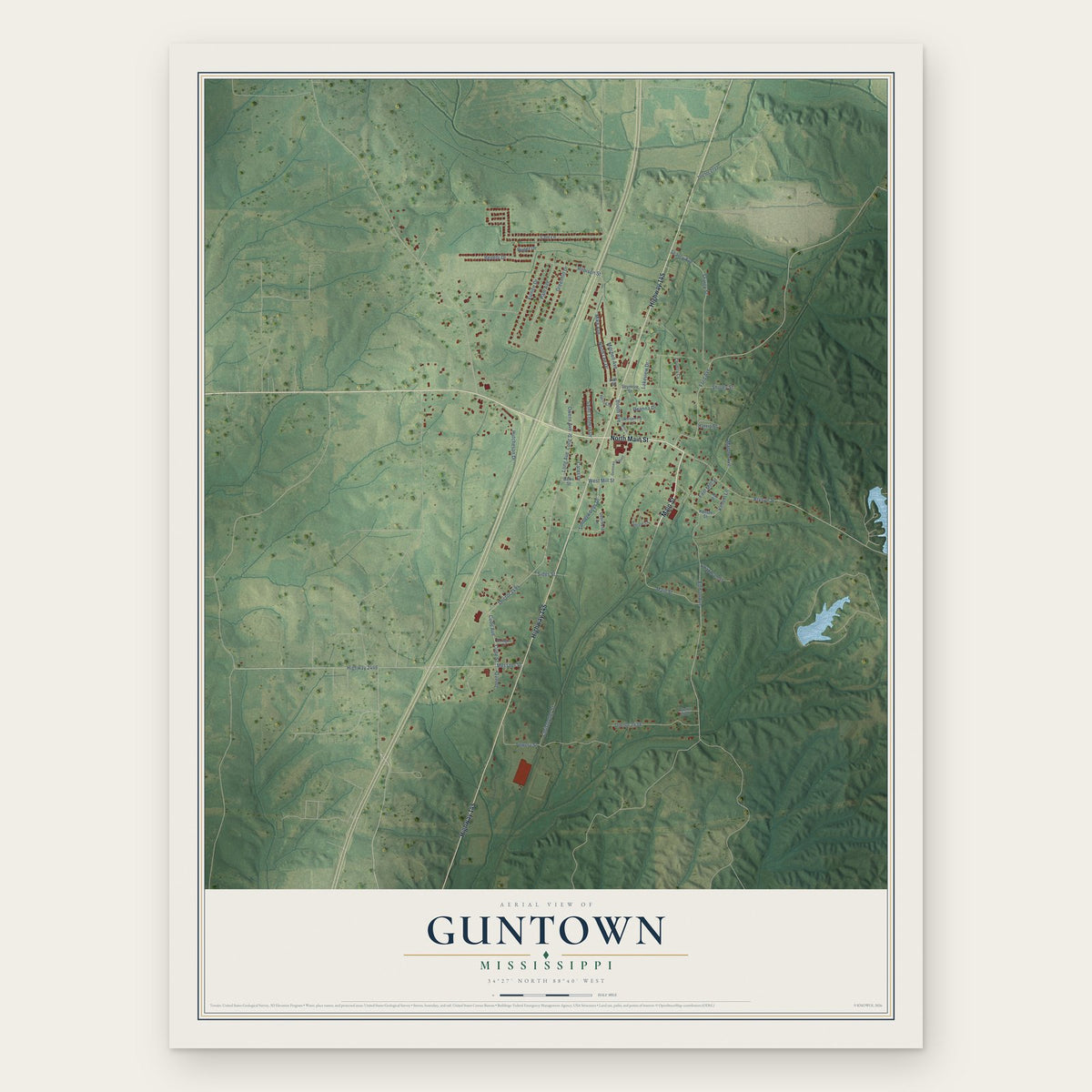 Guntown, Mississippi map print, the full design