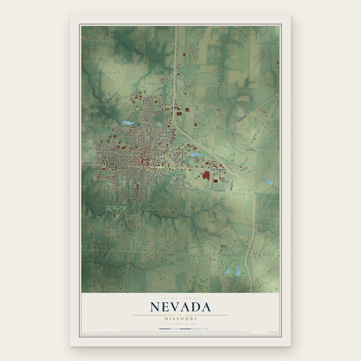 Nevada, Missouri map print, the full design