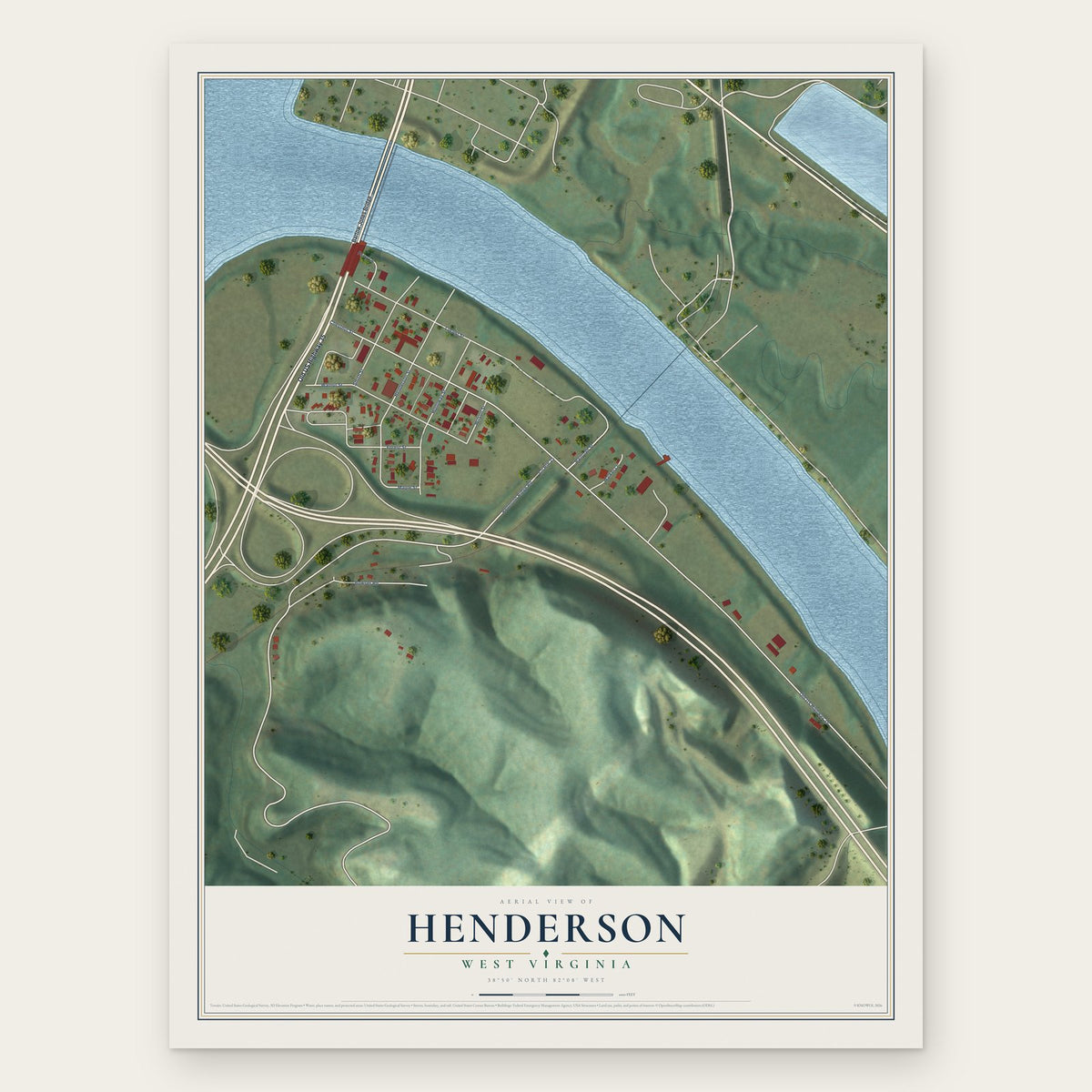 Henderson, West Virginia map print, the full design