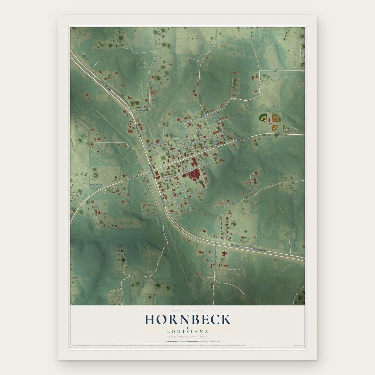 Hornbeck, Louisiana map print, the full design