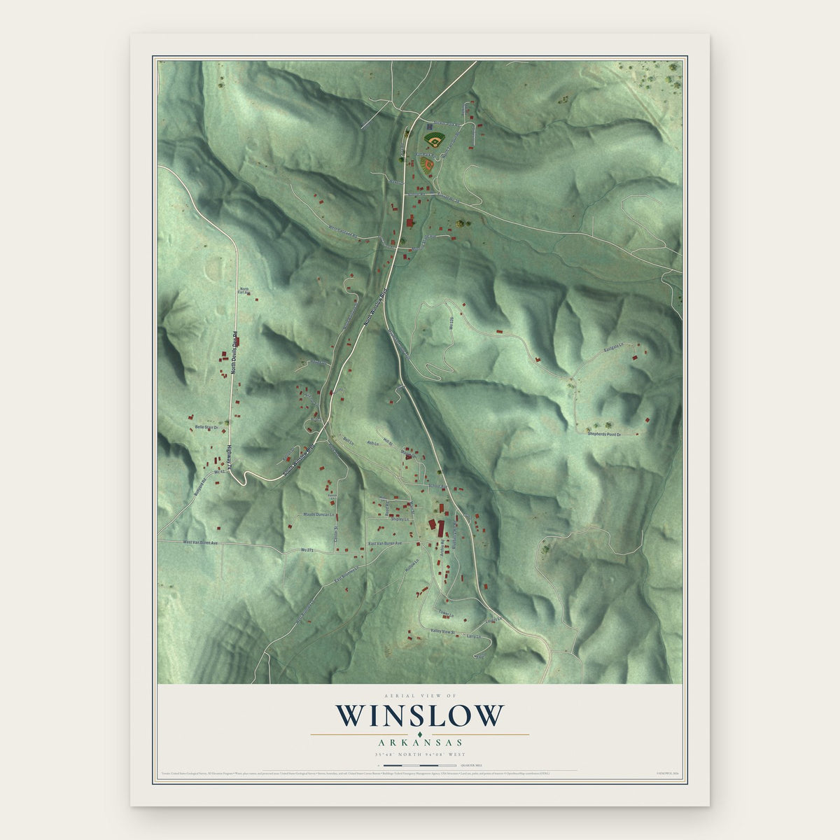 Winslow, Arkansas map print, the full design