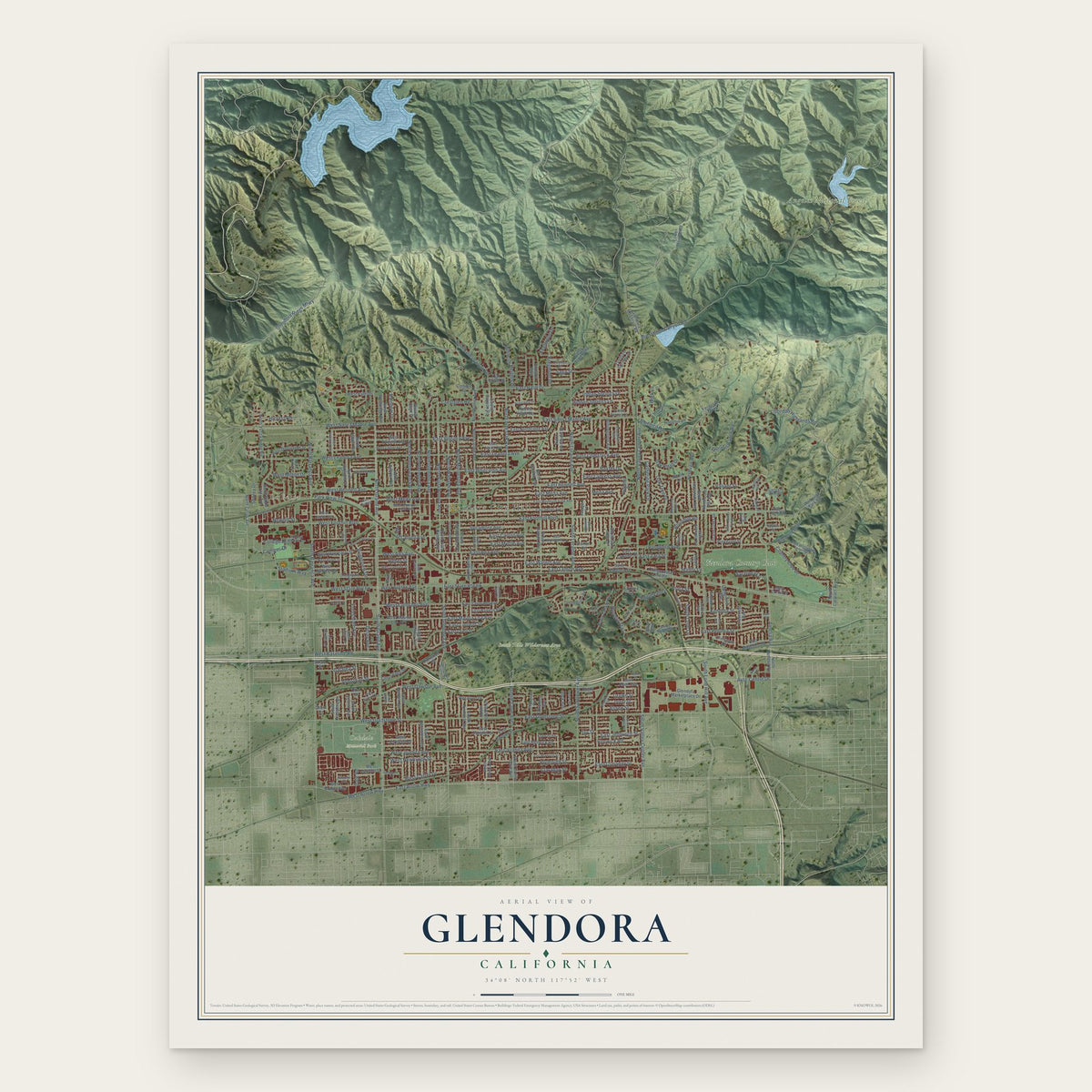 Glendora, California map print, the full design