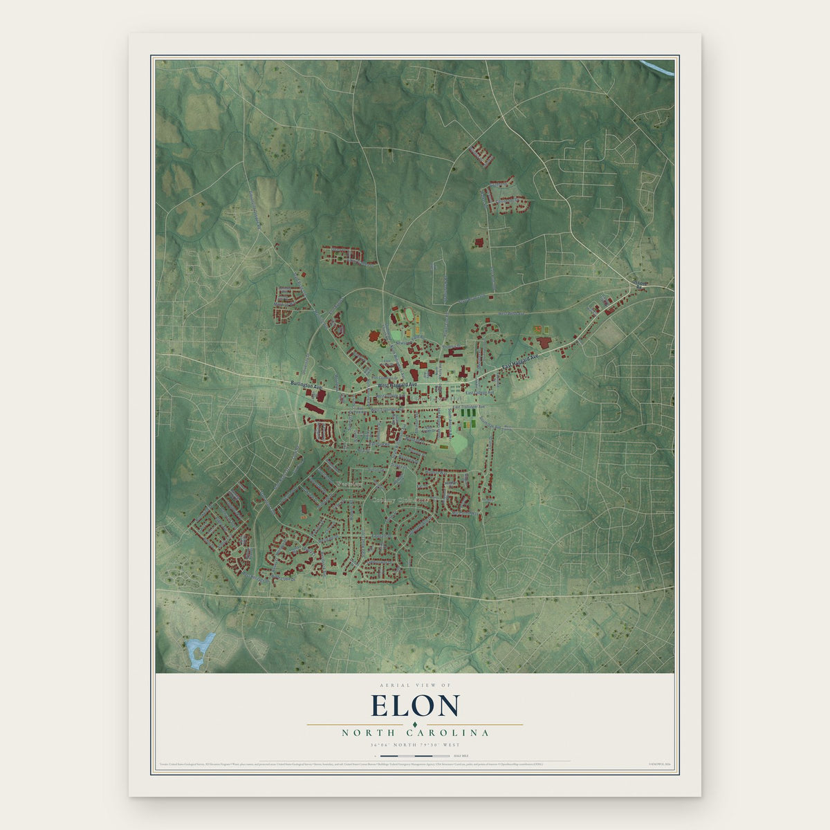 Elon, North Carolina map print, the full design