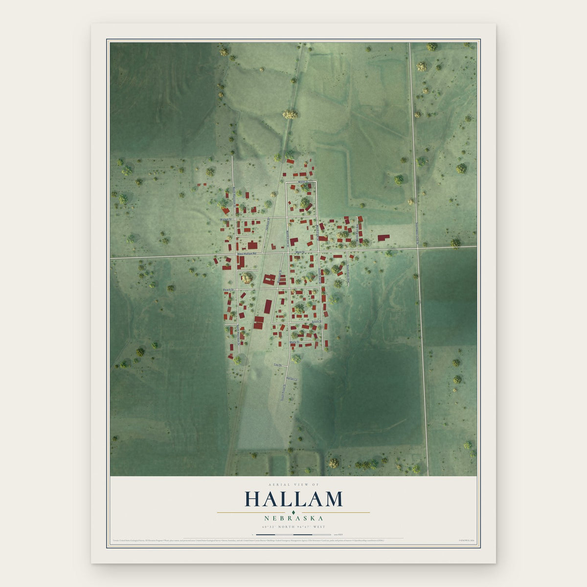 Hallam, Nebraska map print, the full design