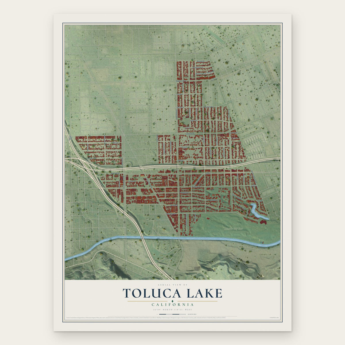 Toluca Lake, California map print, the full design