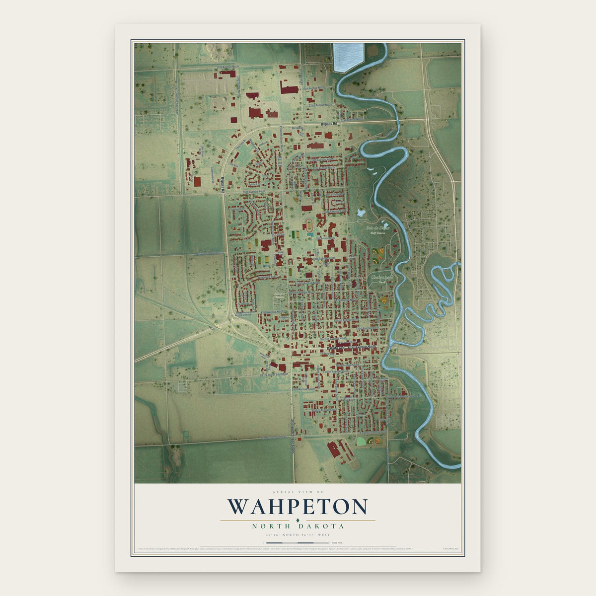 Wahpeton, North Dakota map print, the full design
