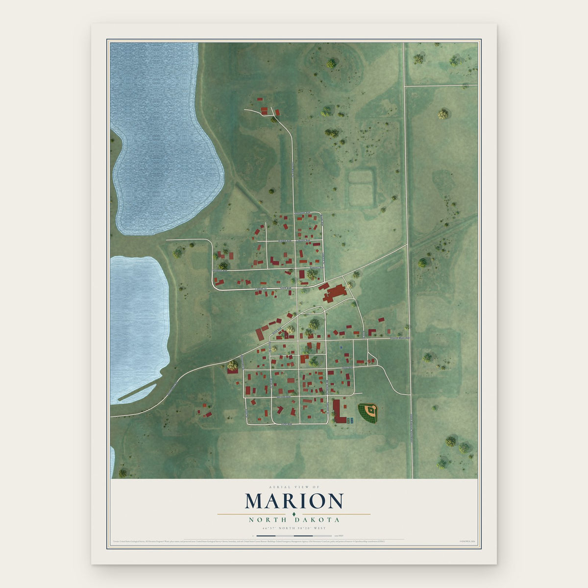 Marion, North Dakota map print, the full design