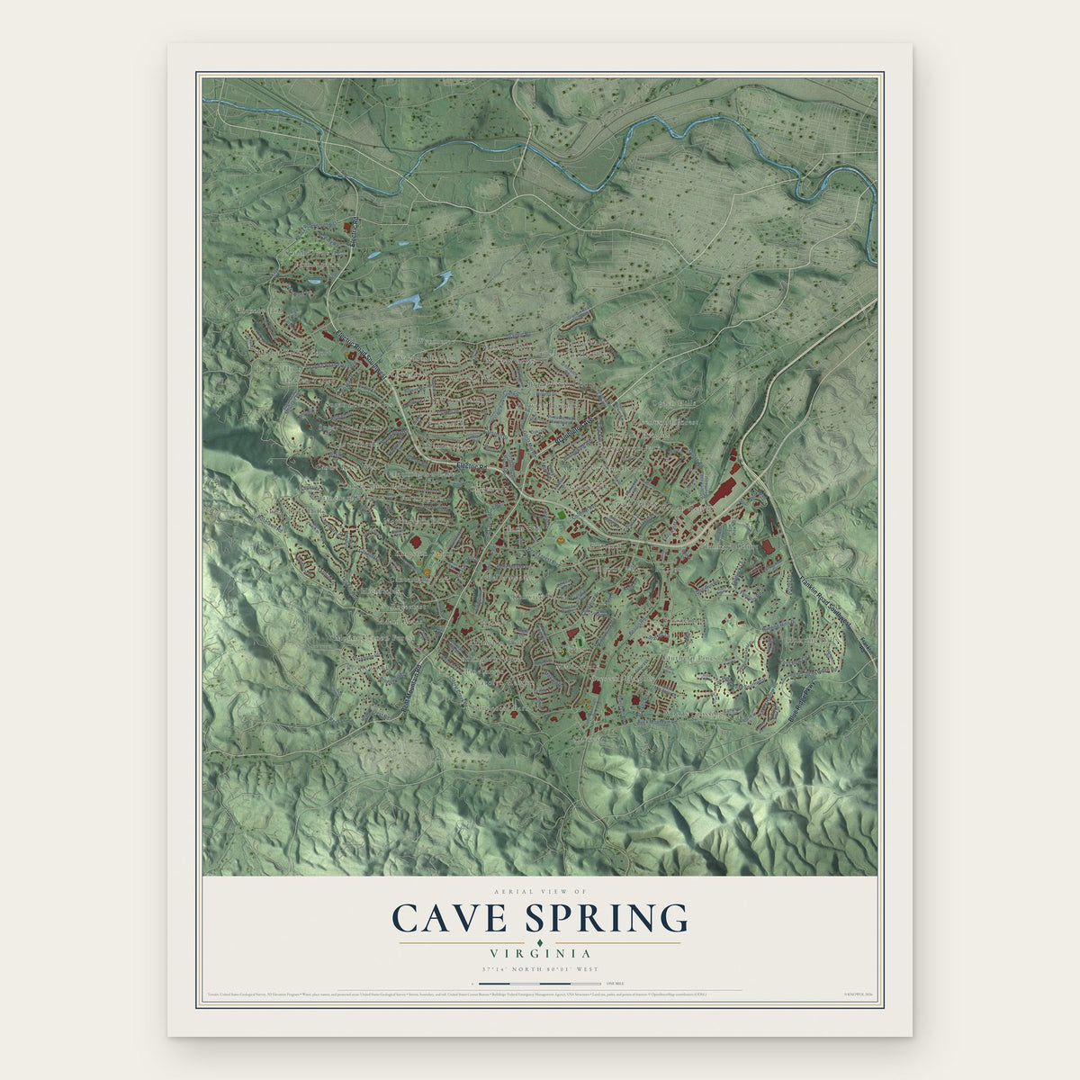 Cave Spring, Virginia map print, the full design