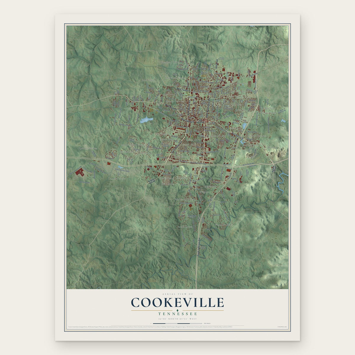 Cookeville, Tennessee map print, the full design