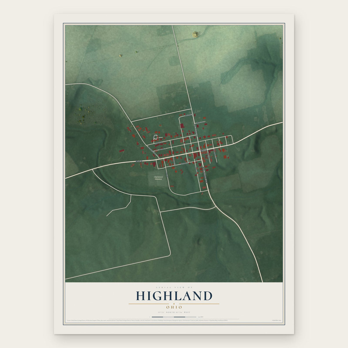 Highland, Ohio map print, the full design