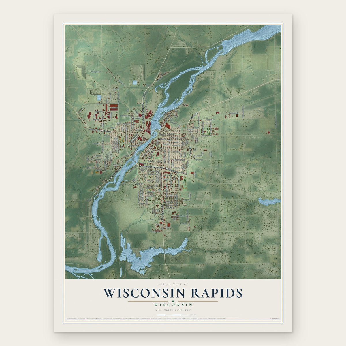 Wisconsin Rapids, Wisconsin map print, the full design