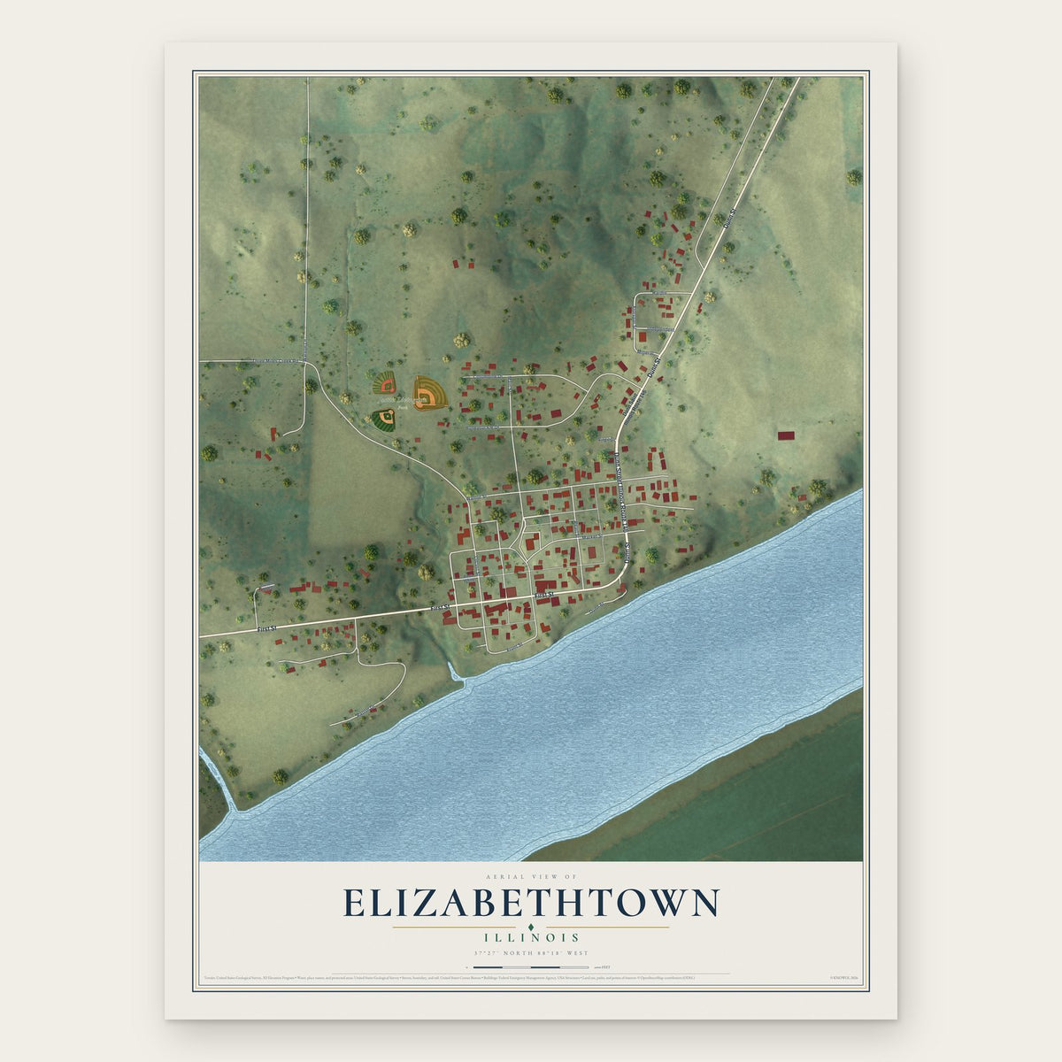 Elizabethtown, Illinois map print, the full design