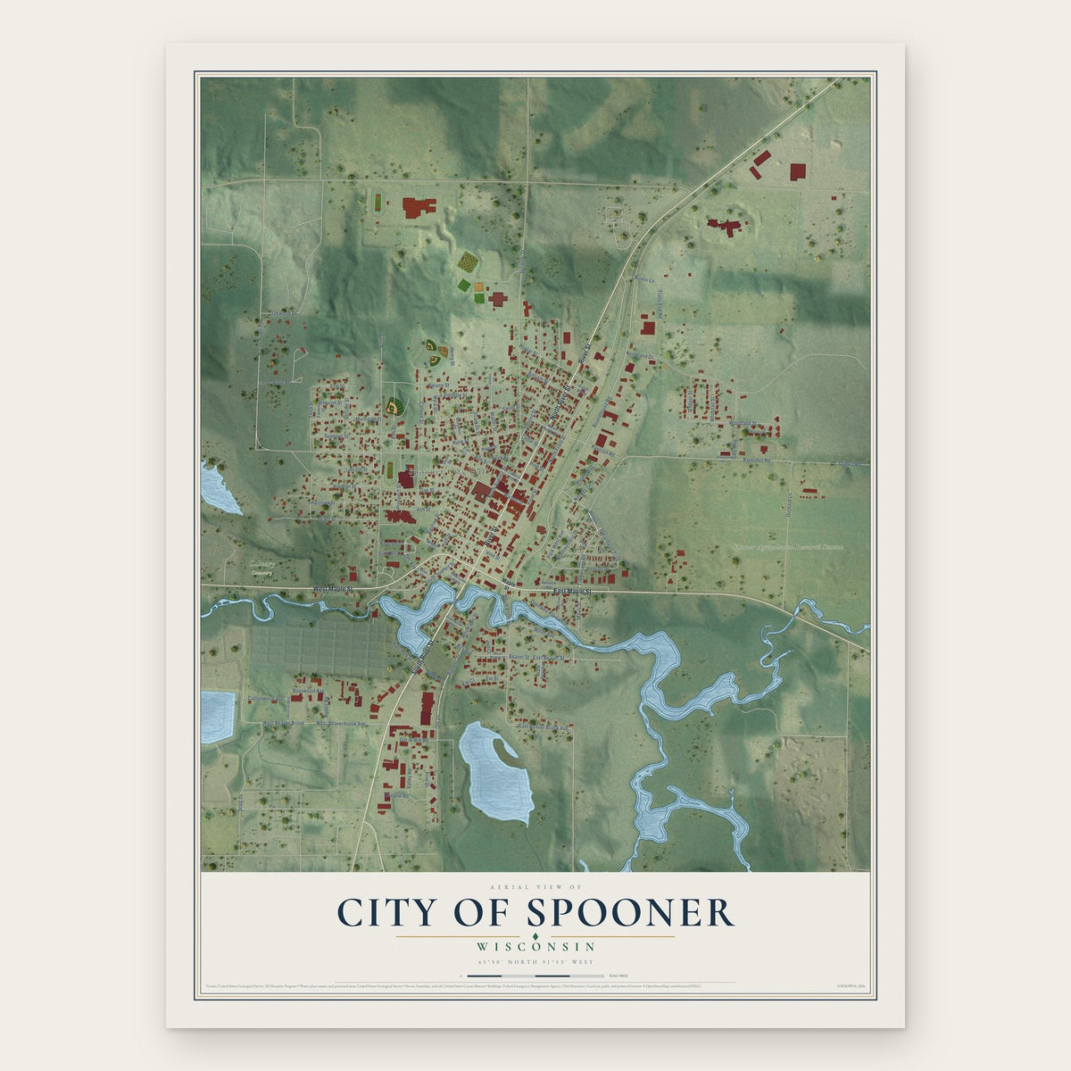Spooner, Wisconsin map print, the full design
