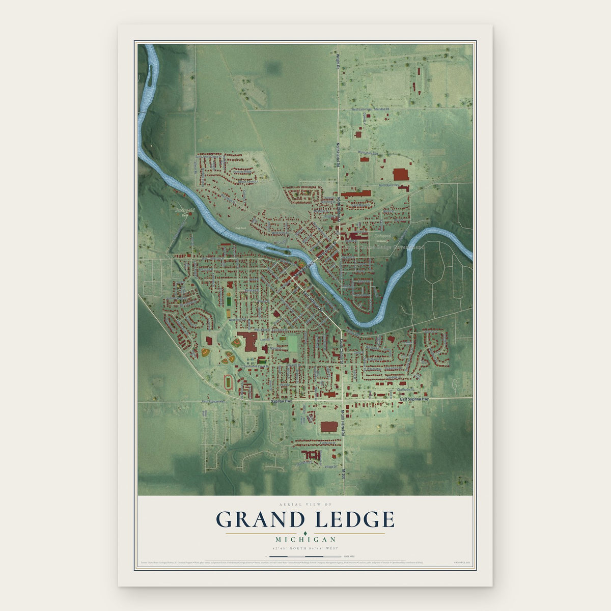 Grand Ledge, Michigan map print, the full design