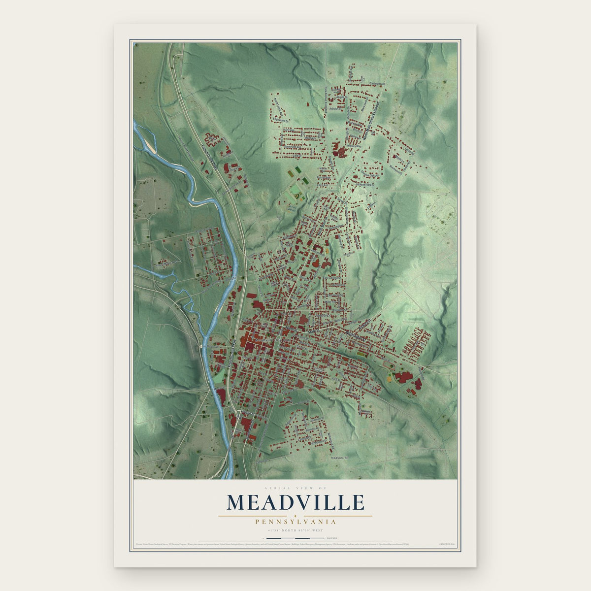 Meadville, Pennsylvania map print, the full design
