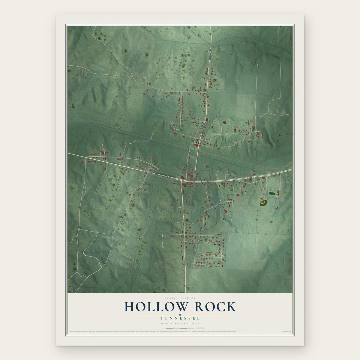 Hollow Rock, Tennessee map print, the full design