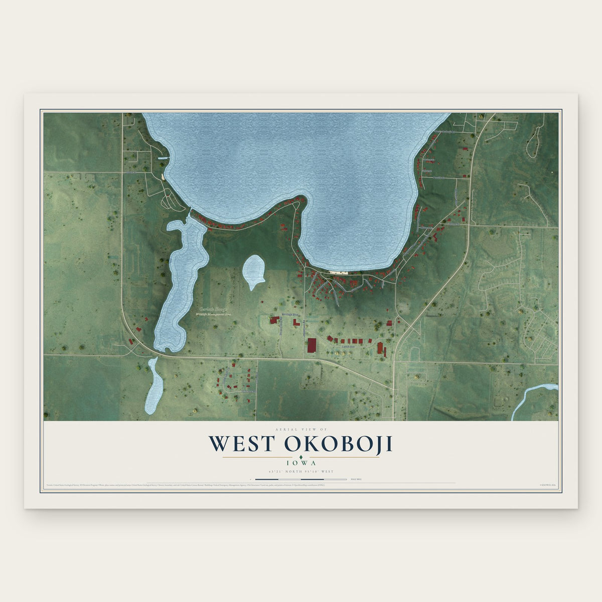 West Okoboji, Iowa map print, the full design