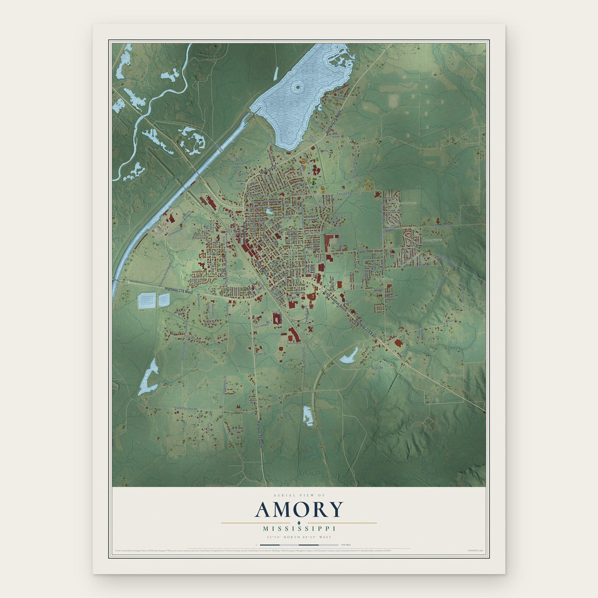 Amory, Mississippi map print, the full design