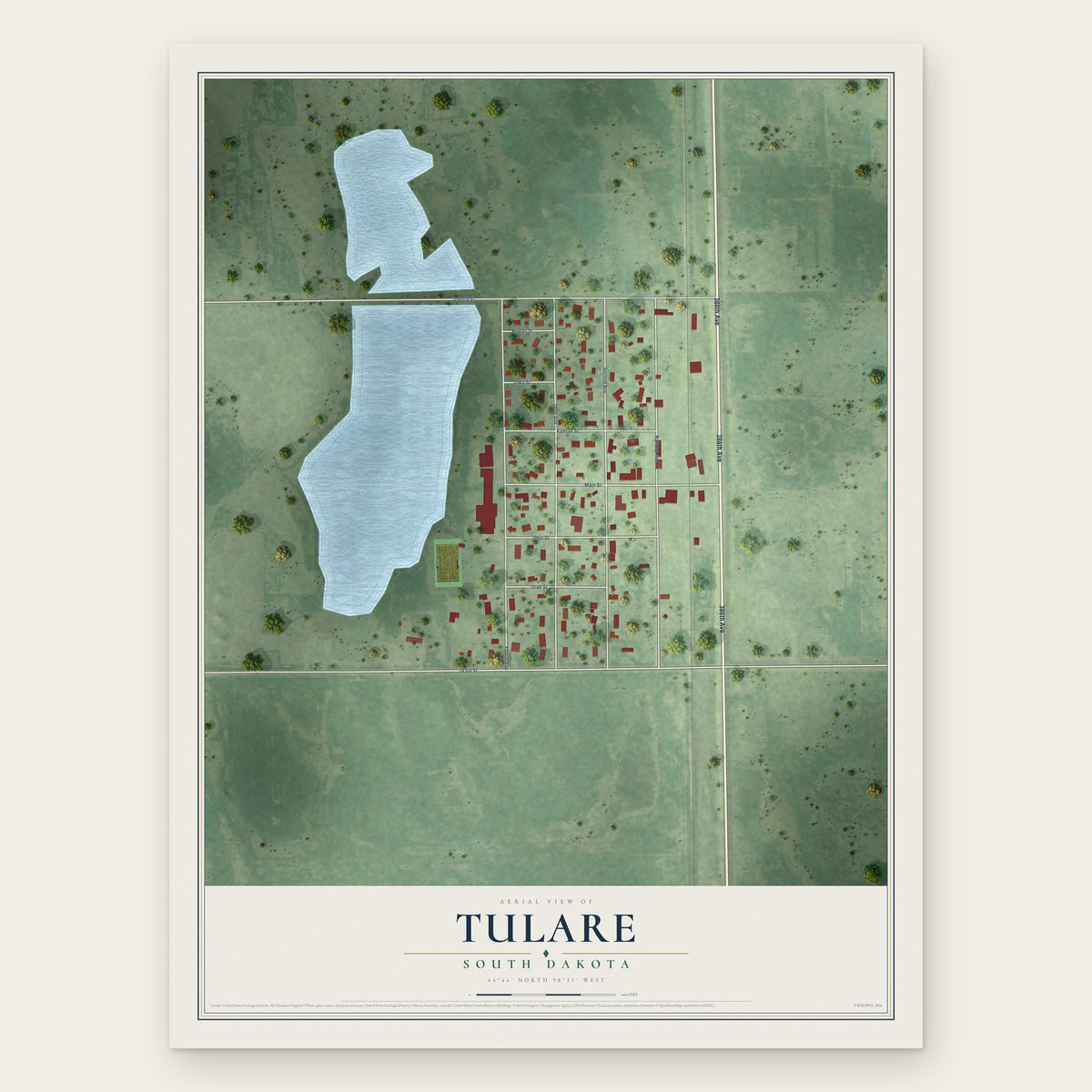 Tulare, South Dakota map print, the full design
