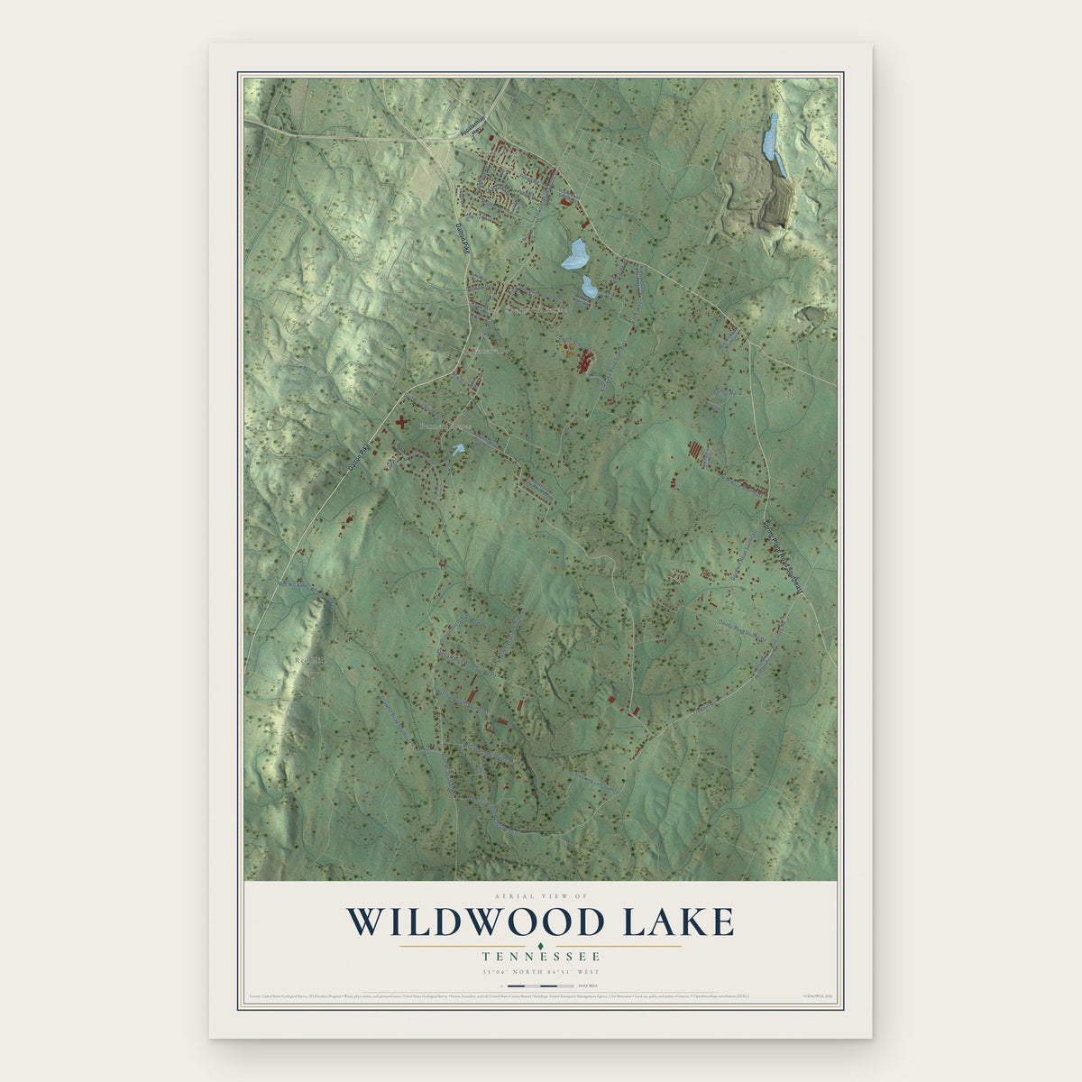 Wildwood Lake, Tennessee map print, the full design