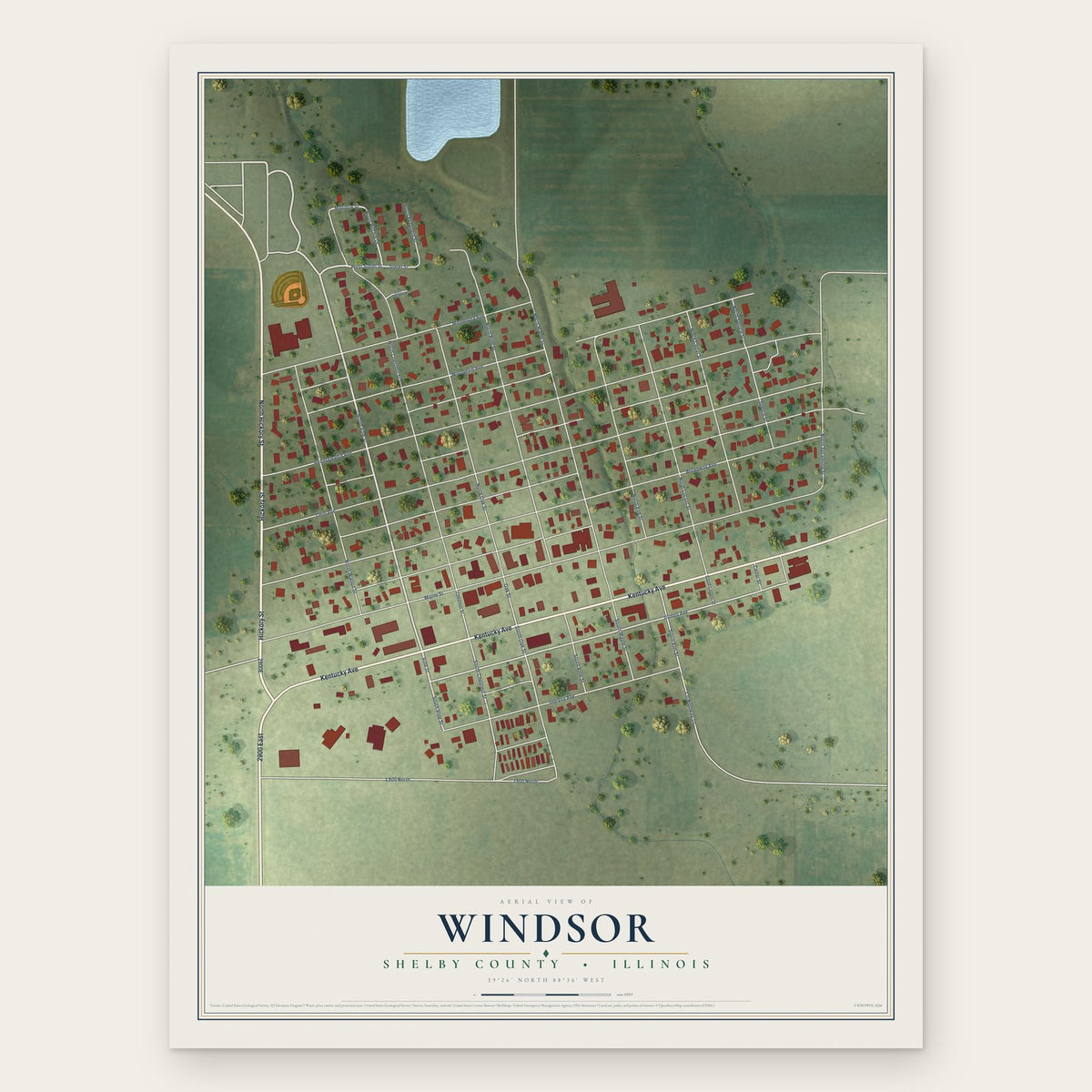 Windsor, Shelby County, Illinois map print, the full design