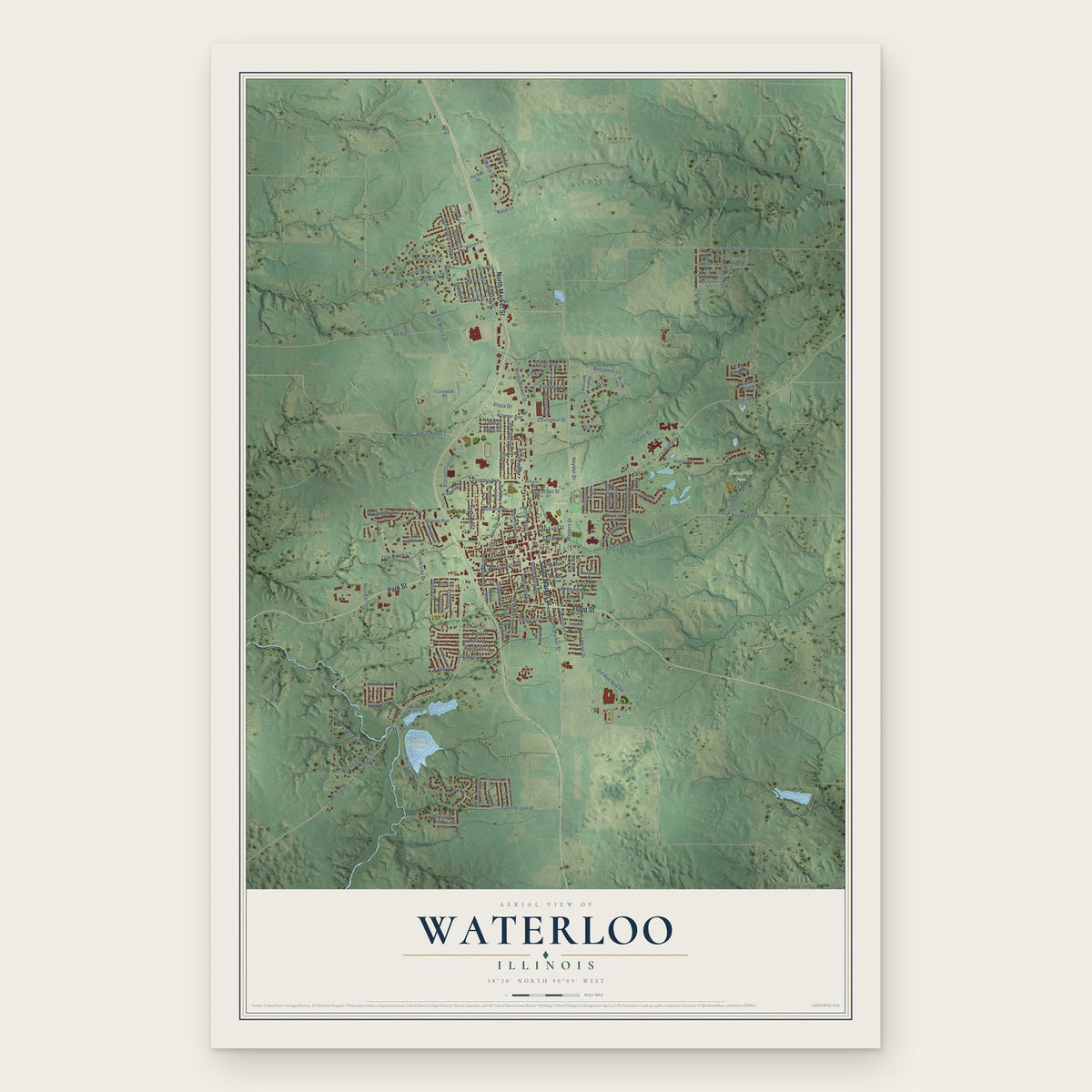 Waterloo, Illinois map print, the full design