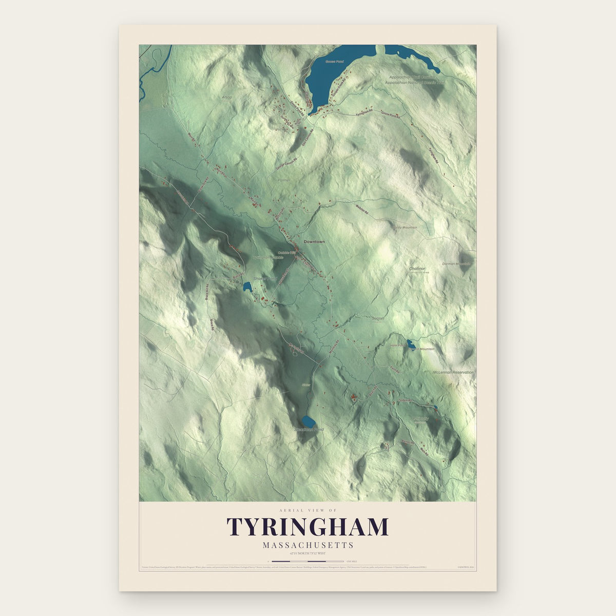 Tyringham, Massachusetts map print, the full design