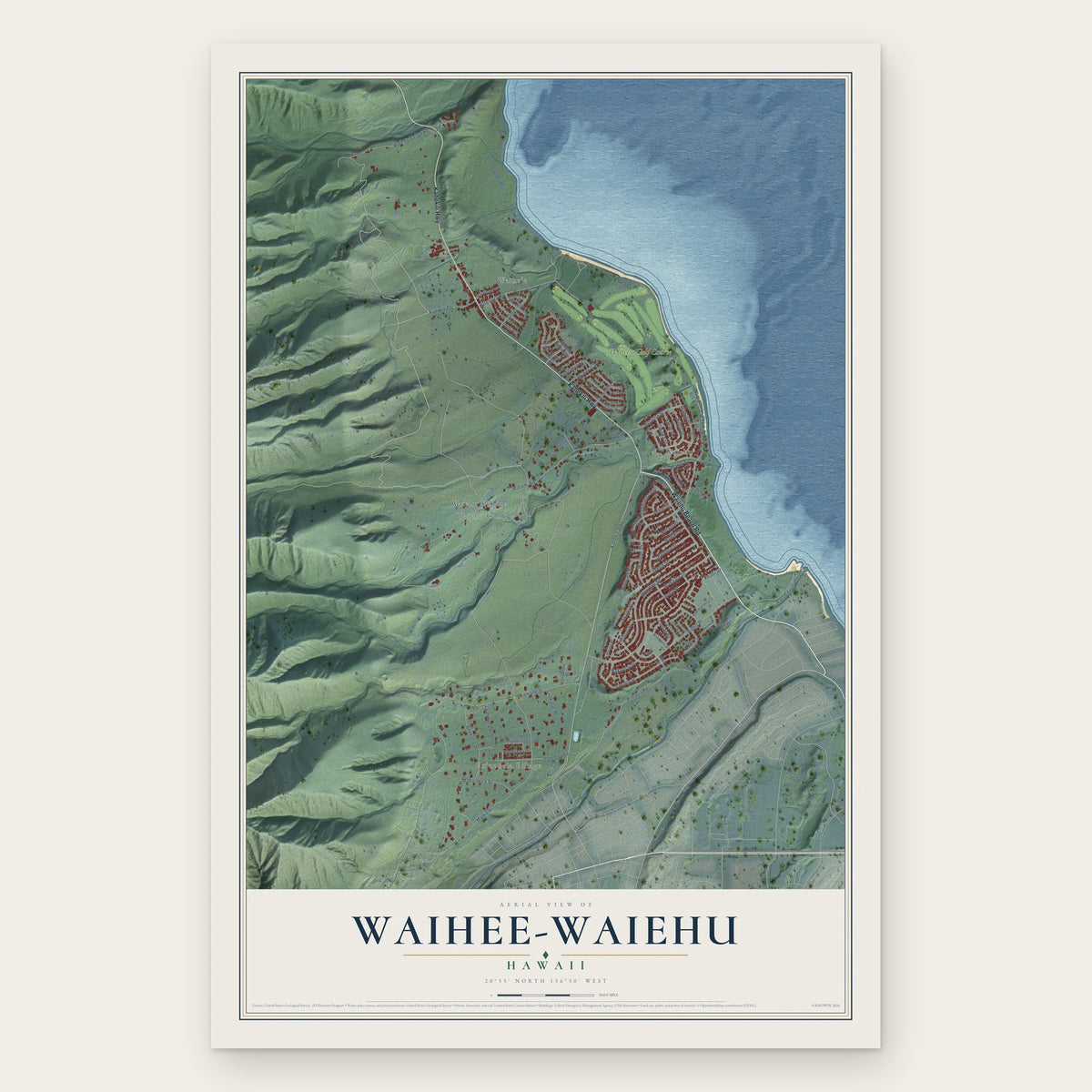 Waihee-Waiehu, Hawaii map print, the full design