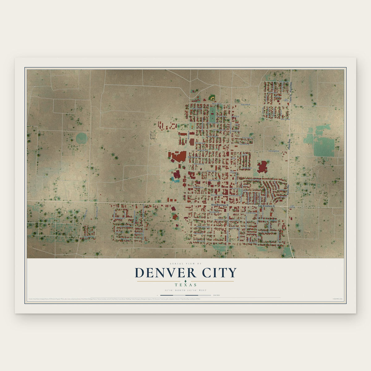 Denver City, Texas map print, the full design