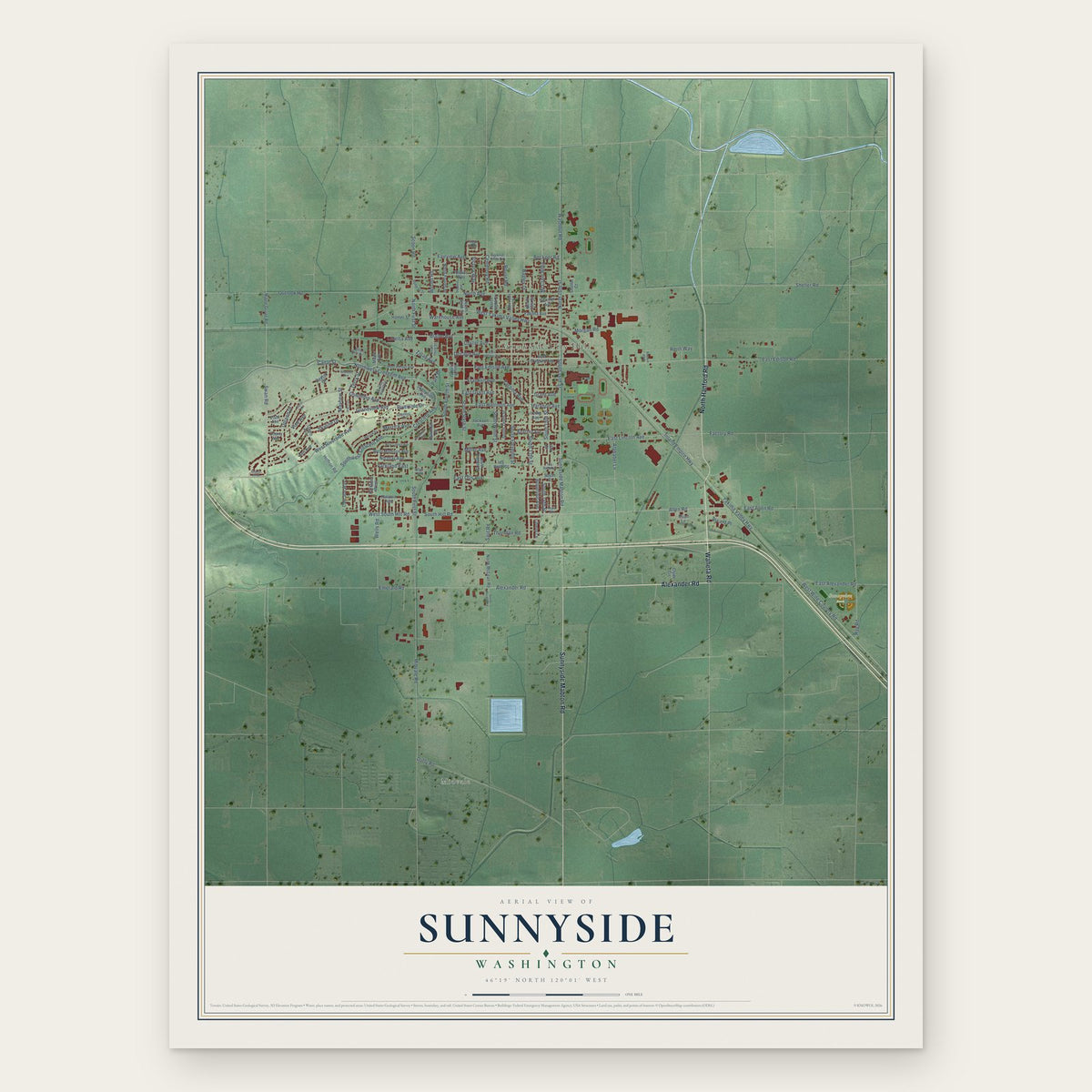 Sunnyside, Washington map print, the full design